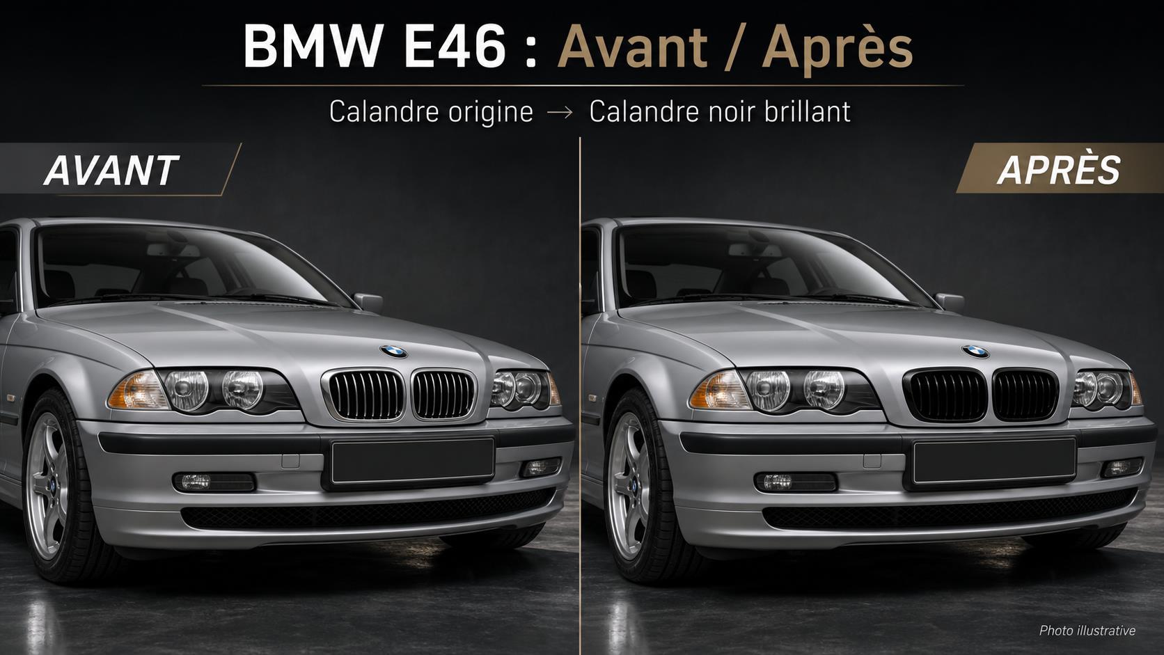 BMW E46 avant après avec calandre noir brillant double lame German Tuning