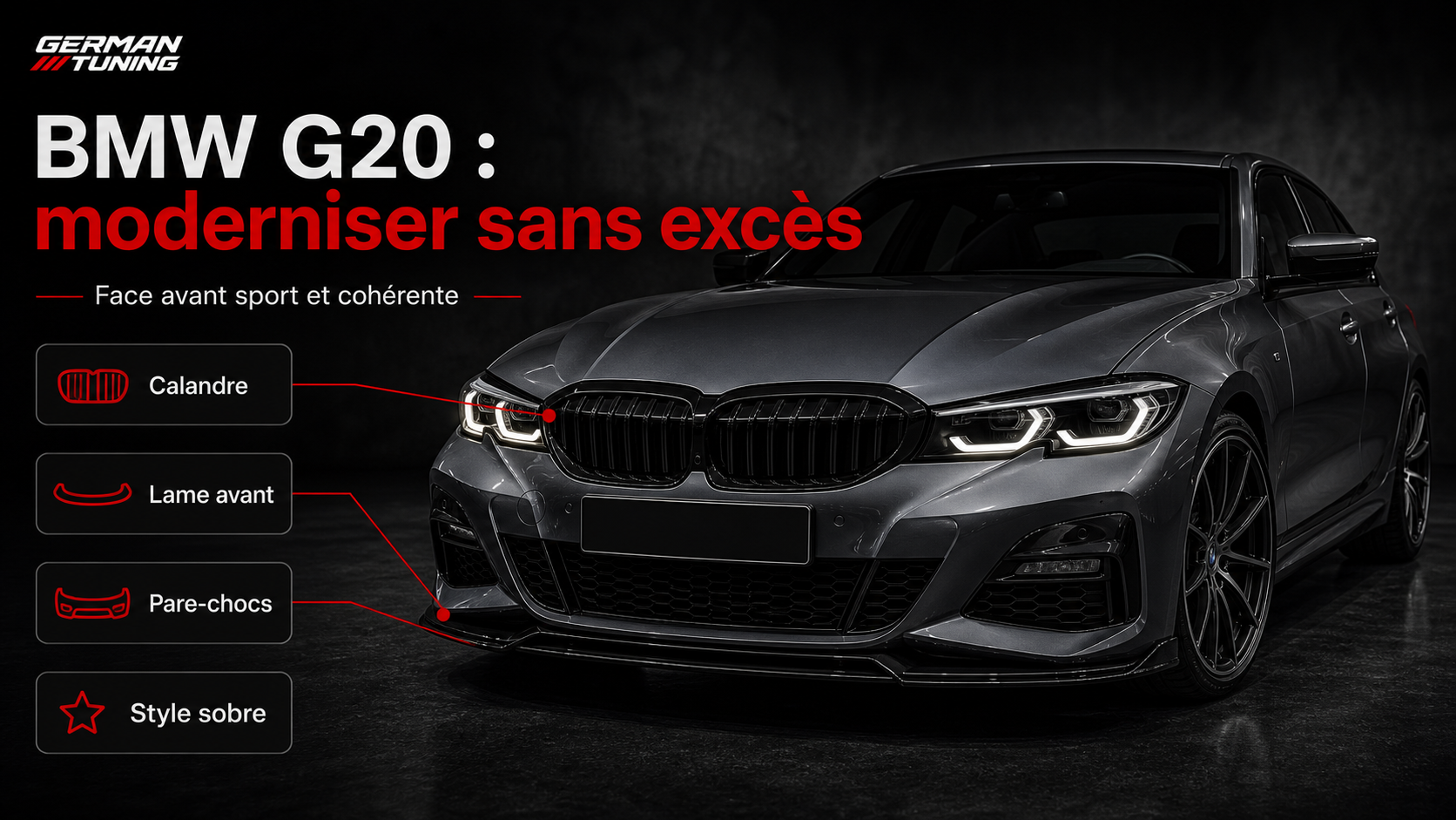 BMW G20 modernisée avec calandre, lame avant et pare-chocs sport German Tuning