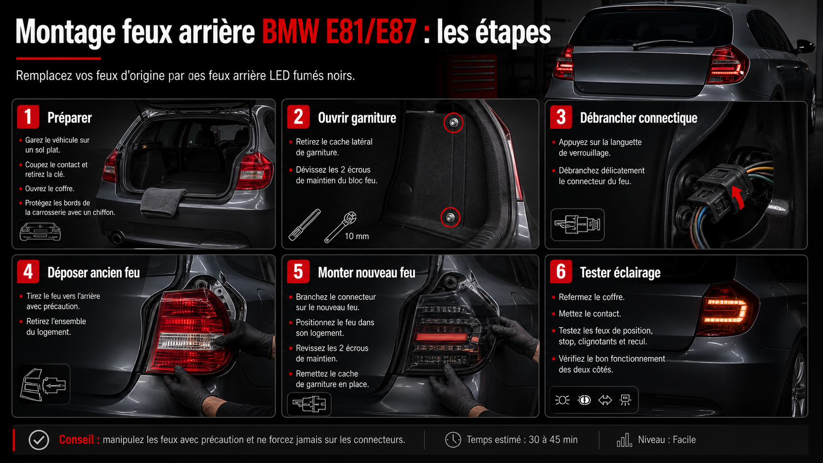 Étapes de montage feux arrière BMW E81 E87 German Tuning