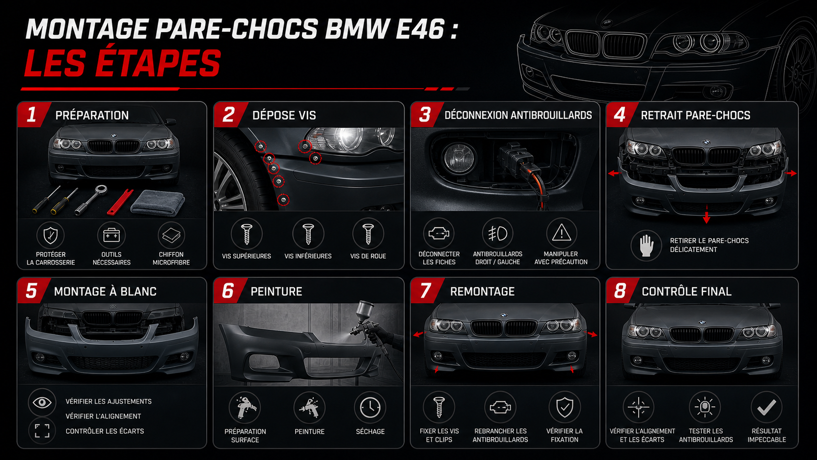 Étapes de montage pare-chocs BMW E46 German Tuning