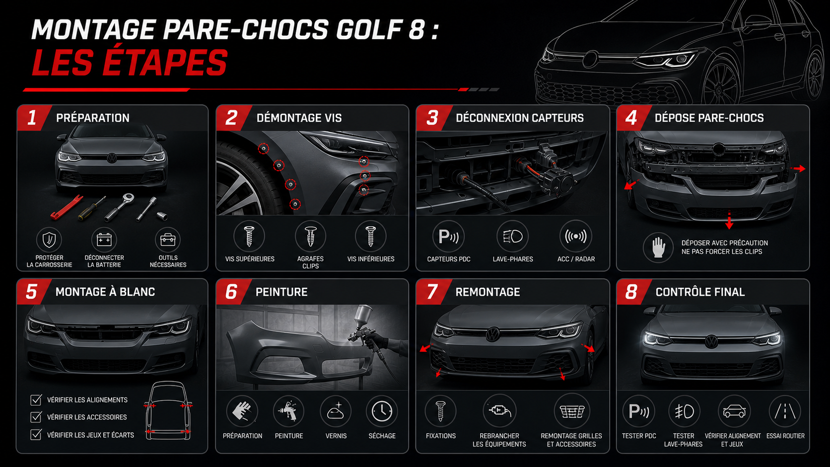 Étapes de montage pare-chocs Golf 8 German Tuning