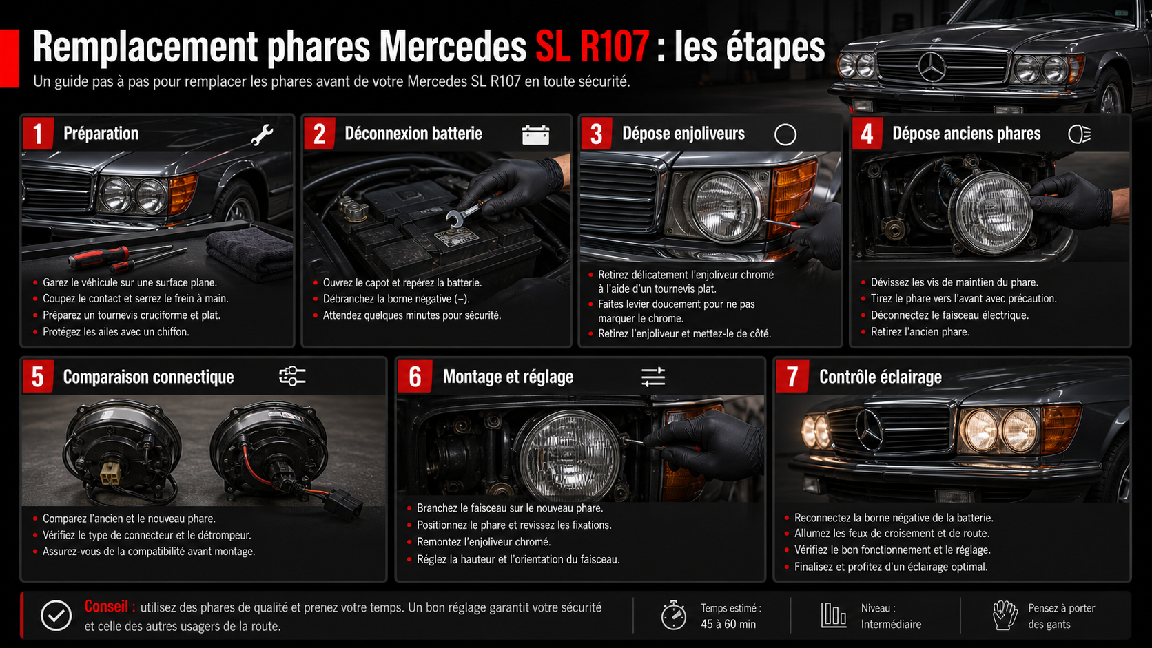 Étapes de remplacement phares avant Mercedes SL R107 German Tuning